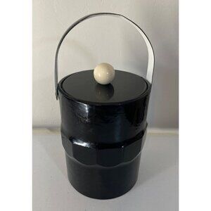 Vintage MCM Ice Bucket Faux Vinyl Patent Leather Handle Black 10" Tall Barware